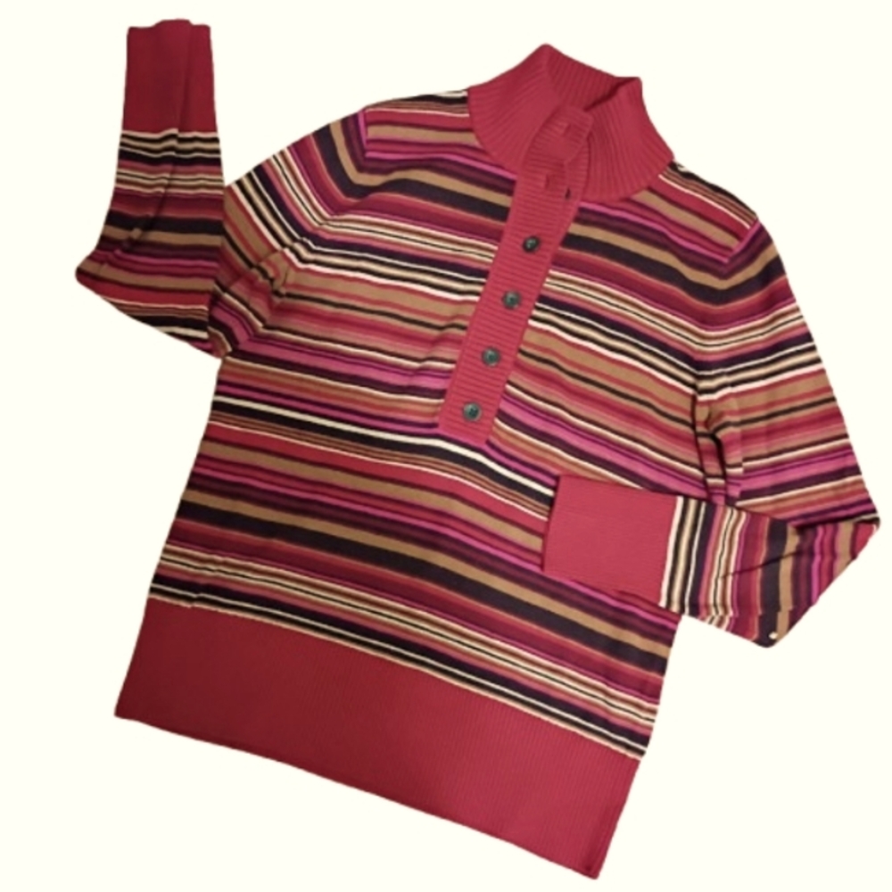 Eddie Bauer Striped Women's Ribbed Mocked Turtleneck Sweater XL Button